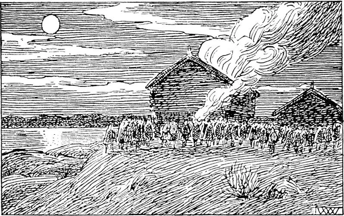Black and white woodcut print of a nighttime scene showing a crowd of men surrounding a burning cabin. Smoke billows from the roof.
Wilhelm Wetlesen's illustration for Magnus Erlingssons saga, Heimskringla, 1899-edition (Public Domain). https://commons.wikimedia.org/wiki/File:Magnus_Erlingssons_saga-Huset_til_Ossur-W._Wetlesen.jpg
