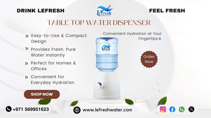Simplify your hydration with Lefresh Tabletop Water Dispensers! 💧✨ Designed for modern living, our dispensers are compact, stylish, and perfect for any space—be it your home, office, or workspace.

✅ Compact & Sleek: Fits anywhere with ease
✅ Effortless to Use: Dispenses water with just a touch
✅ Eco-Friendly Choice: Reduces plastic bottle usage
✅ Trusted Quality: Stay hydrated with Lefresh

Pure water, pure convenience. Elevate your hydration game today!

📞 Contact us at  971569951623 or visit www.lefreshwater.com for more details.

#LefreshMineralWater #TabletopWaterDispenser #StayHydrated #PureWaterSolutions #AbuDhabiLiving #EcoFriendlyHydration #HealthyHydration #CompactDesign #SustainableSolutions #RefreshWithLefresh #FreshWaterEveryDay