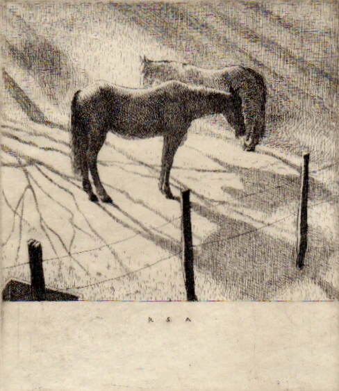 A woodcut print by Robert Sargent Austin depicting a winter landscape. Two horses stand facing opposite ways in a field. A thin wire fence hangs between fence poles. 