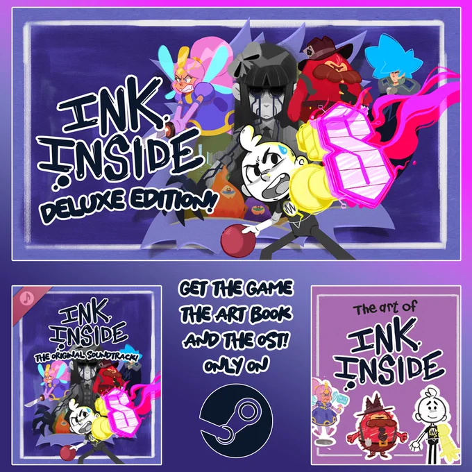 The image shows the Ink Inside key arts, the Ink Inside OST and the Ink Inside Art Book. 

Available right now on Steam! 