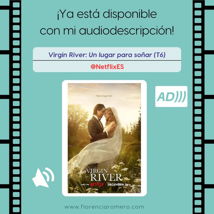 ¡Ya está disponible con mi audiodescripción! Virgin River: Un lugar para soñar (T6), en @netflixes. En el cartel de la serie, en un campo con flores y árboles, una mujer y un hombre vestidos con trajes de boda permanecen abrazados con las frentes juntas. El hombre tiene unos 50 años, media melena abundante con algunas canas y barba corta. La mujer tiene unos 38 años y pelo largo rubio. www.florenciaromero.com