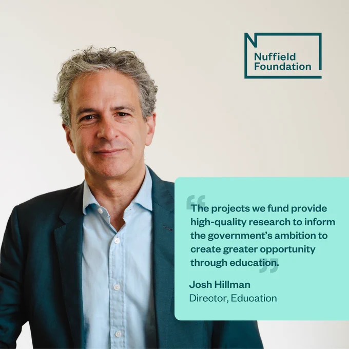 Josh Hillman, Director of Education, stands against a white background. A bright green box overlay contains a quote that says "The projects we fund provide high-quality research to inform the government's ambition to create greater opportunity through education."