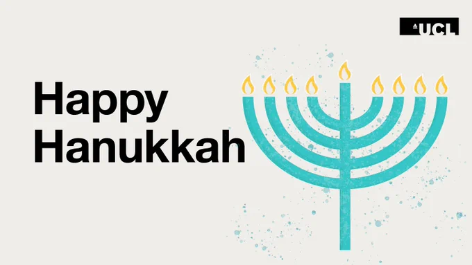 Text reads Happy Hanukkah next to a graphic of a menorah
