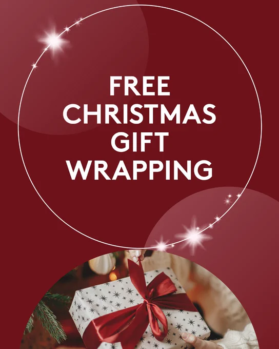 Promotional poster offering free Christmas gift wrapping, featuring sparkling lights and a close-up of hands tying a ribbon on a wrapped gift.