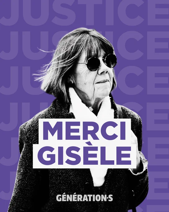 Visuel avec une photo de Gisèle Pélicot. Il est écrit "Merci Gisèle" et derrière "Justice".