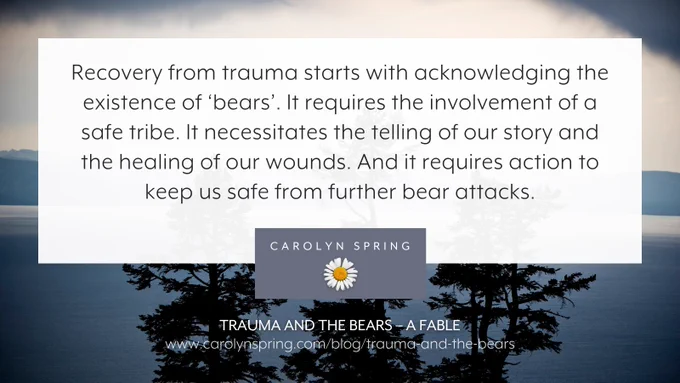 “Recovery from trauma starts with acknowledging the existence of ‘bears’. It requires the involvement of a safe tribe. It necessitates the telling of our story and the healing of our wounds. And it requires action to keep us safe from further bear attacks.”