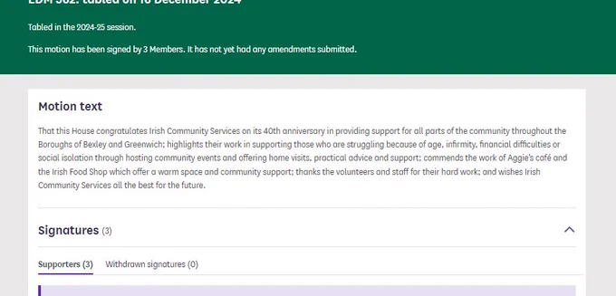 A screenshot of the Parliament website, showing that Daniel Francis MP tabled an Early Day Motion (EDM) commemorating the 40th Anniversary of Irish Community Services in the London Boroughs of Bexley and Greenwich. It also thanks them for their work in the community, and wishes them well for the future.