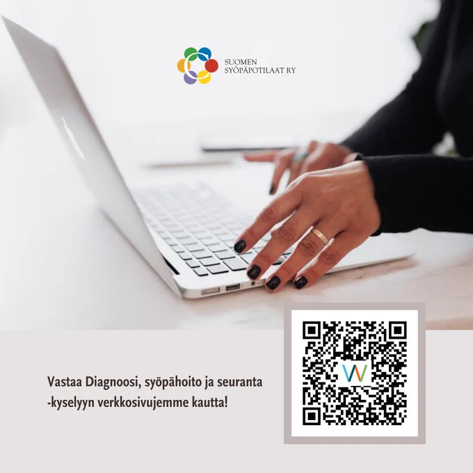 Kuvassa läppäri ja kädet, Suomen Syöpäpotilaiden logo, qr-koodi kyselyyn ja teksti Vastaa Diagnoosi, syöpähoito ja seuranta -kyselyyn verkkosivujemme.