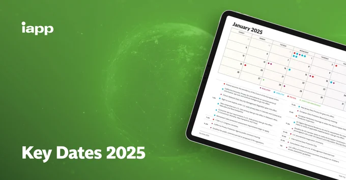 Promotional image for IAPP featuring a digital tablet displaying a calendar for January 2025 with key dates marked. Background is a vibrant green with a subtle globe design.