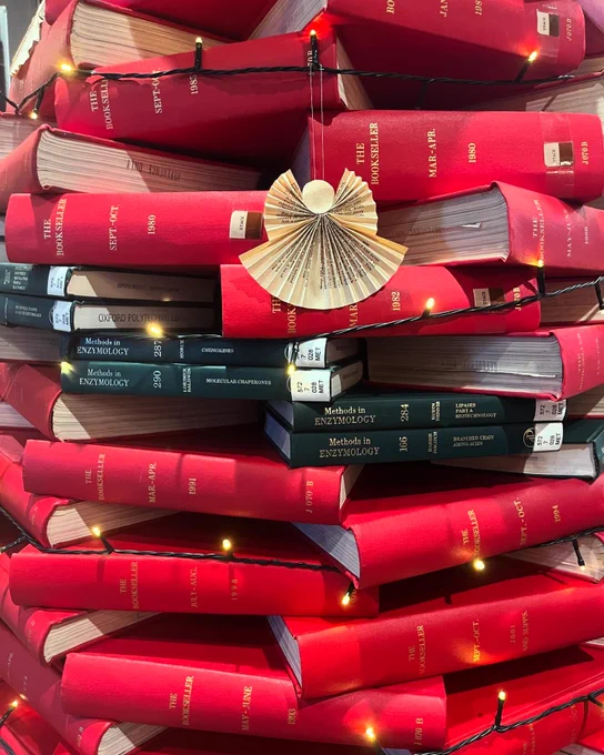 A Christmas tree made from piled up red and green volumes. The tree is decorated with strings of lights and paper angels.