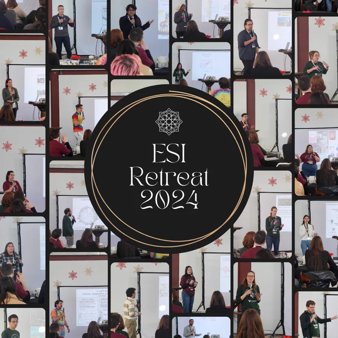 A collage showcasing the ESI Retreat 2024. The central black circle contains the text “ESI Retreat 2024” with a decorative emblem above it. Surrounding this are photos of various speakers presenting at the retreat, with attendees seated in the audience. Each image highlights an individual giving a talk or presentation, with slides projected in the background.