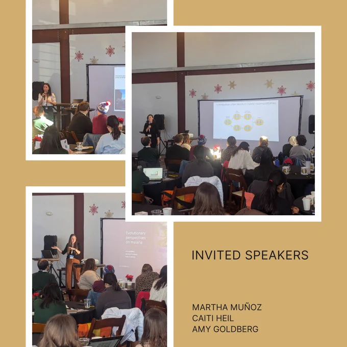 A layout highlighting invited speakers at the ESI Retreat 2024. Three photos show speakers presenting to a seated audience, with presentation slides visible in the background. The text “Invited Speakers: Martha Muñoz, Caiti Heil, Amy Goldberg” is featured on the right side in a clean, gold and white design.