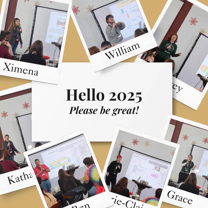A collage welcoming 2025 with the text “Hello 2025. Please be great!” in the center. Surrounding the text are Polaroid-style images of retreat speakers, including Ximena, William, Katharine, Ben, Grace, and Marie-Claire, each presenting at the event. The Polaroids are arranged over a gold and white background.