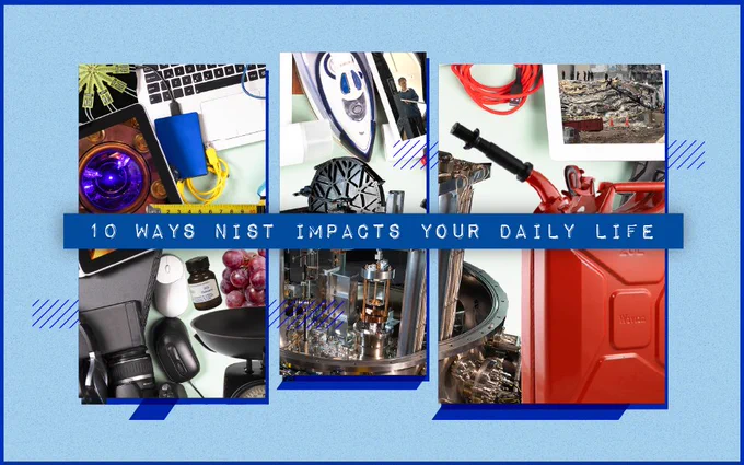 Collage of images that shows gas can, kibble balance, computer, atomic clock photo on an iPad, grapes, SRM bottle, computer mouse, scale, etc.