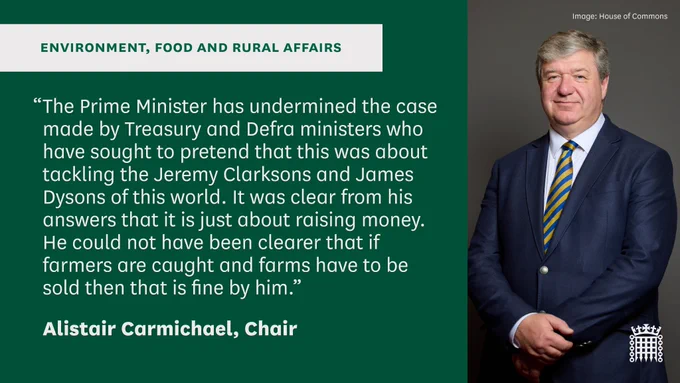 Image of Alistair Carmichael with text reading: “The Prime Minister has undermined the case made by Treasury and Defra ministers who have sought to pretend that this was about tackling the Jeremy Clarksons and James Dysons of this world. It was clear from his answers that it is just about raising money. He could not have been clearer that iffarmers are caught and farms have to be sold then that is fine by him.”  
Alistair Carmichael, Chair
