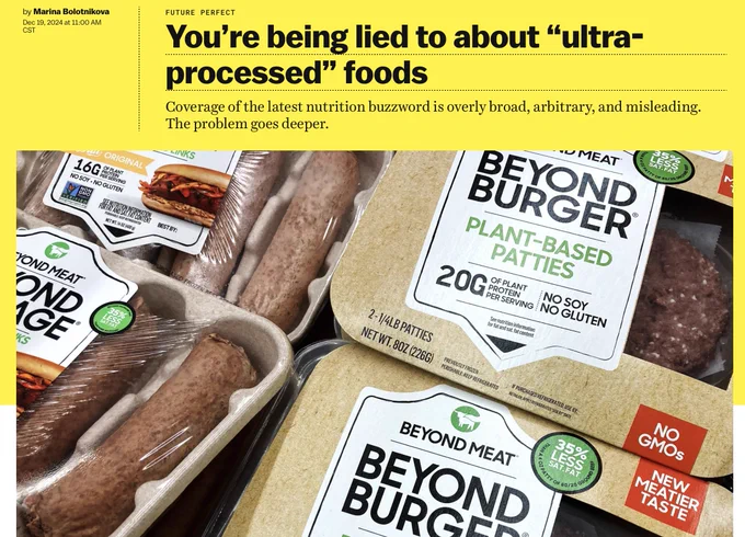 vox story with headline: "You're being lied to about 'ultra-processed' foods" and a photo of Beyond burgers