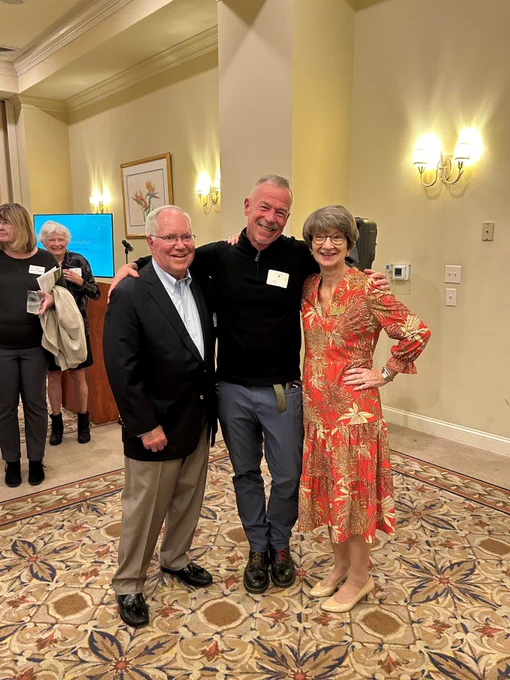 Andy Keeney, Wes Stepp, and Sheila Tyler, affiliate board member and secretary. Wes Stepp is chef at Red Sky and NC Coast Grill & Bar; they gave the affiliate $1k in January 2024 and will do so again at an event in January 2025