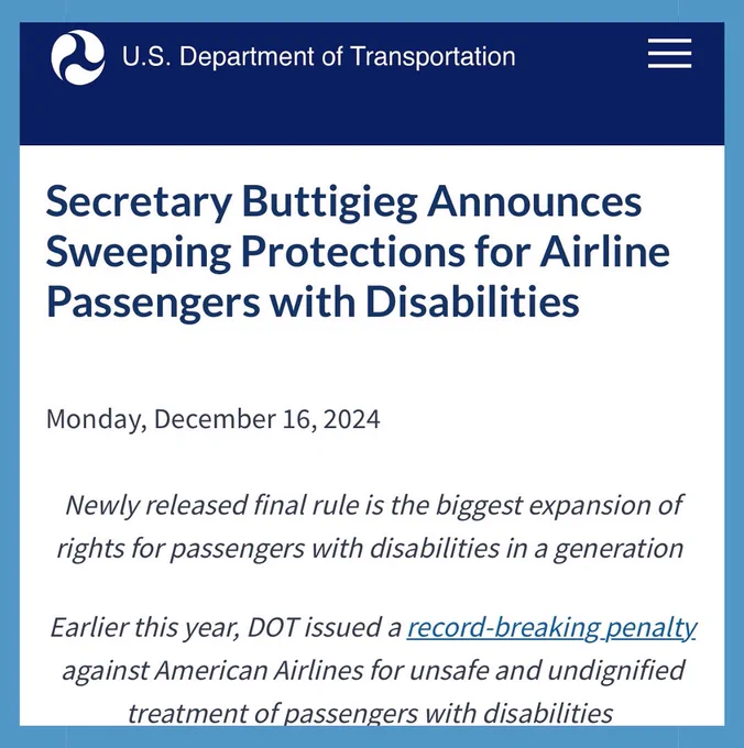 Image of an article from the U.S. Department of Transportation with the headline reading “Secretary Buttigieg Announces Sweeping Protections for Airline Passengers with Disabilities”