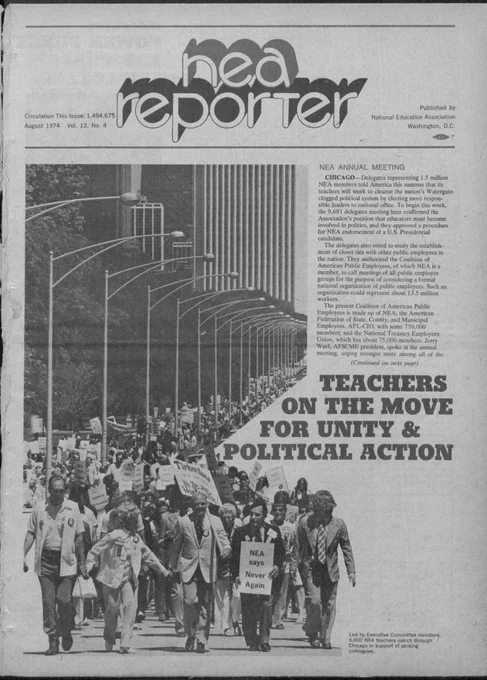 NEA Reporter cover from August 1974 covering NEA members engaged in a supportive strike during the annual convention in Chicago, Illinois