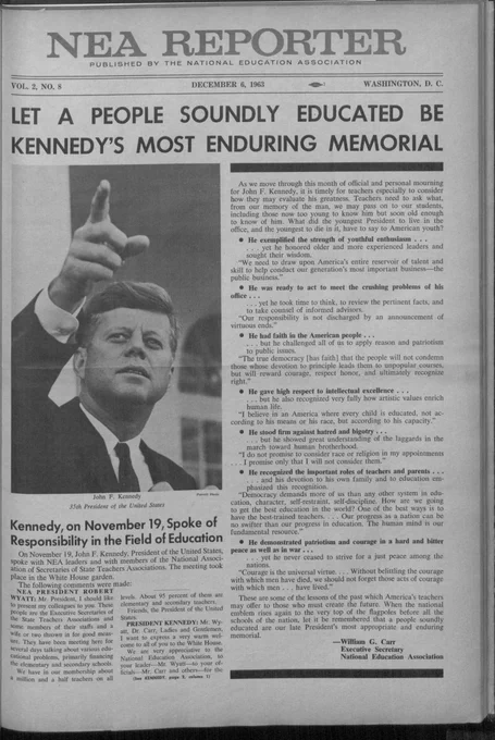 NEA Reporter cover from December 1963 covering the death of President Kennedy with a photo of Kennedy at the White House on November 19, 1963