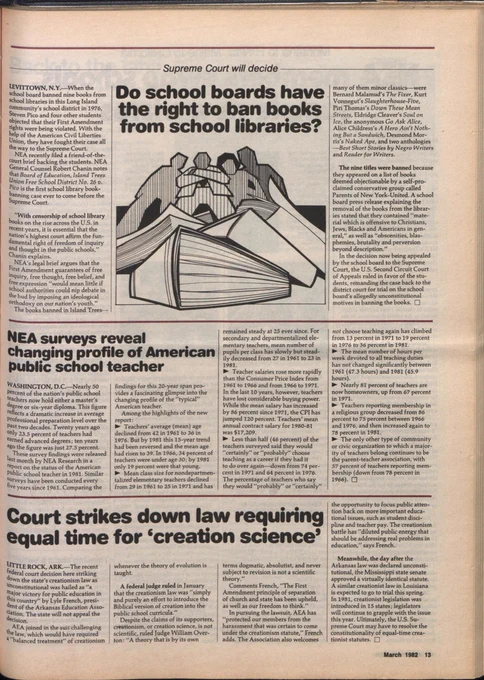 NEA Reporter articles from 1982 covering book bans, creation science, and profiles of the American teacher