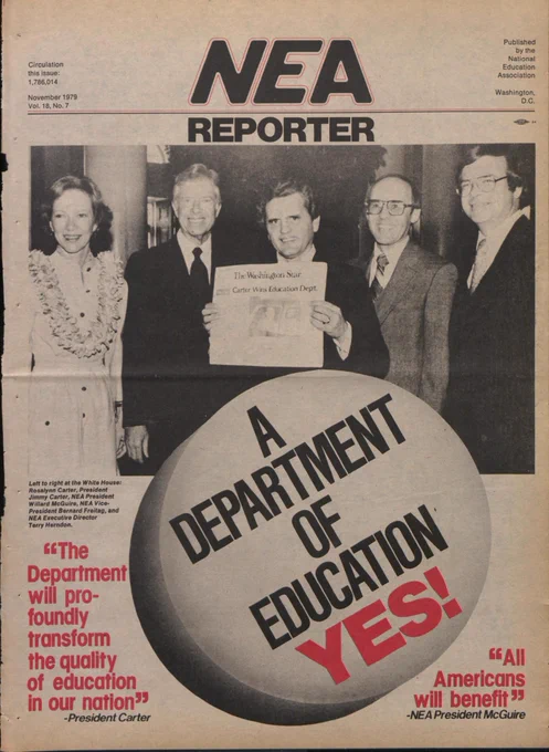 NEA Reporter cover from November 1979 covering the establishment of the Department of Education with a photo of NEA leaders and The Carters
