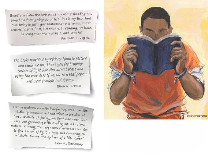 Picture of a person in orange jumpsuit with a book in hands. Words from people in prison, centering on the impact of books, are written on the left. This image is taken from the page for the petition.