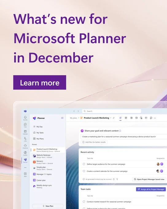 A screenshot of the Planner app in Microsoft Teams shows a product launch marketing plan. Background includes a colorful ribbon. Text above the screenshot reads, "What's new for Microsoft Planner in December"