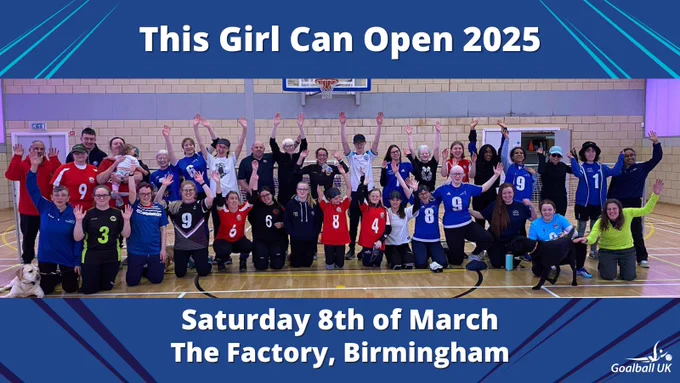 This Girl Can Open promotional graphic, only a dark blue background, with a group picture overlayed. This is of all attendees at the 2024 This Girl Can Open, who are standing together with their hands in the air! In white text underneath the image reads "Saturday 8th of March, The Factory, Birmingham".