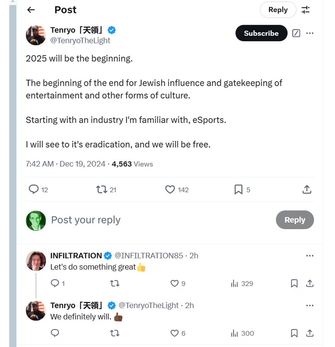 a screenshot of tenryo saying something antisemitic and infiltration agreeing