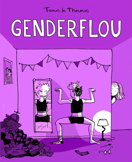 Couverture de Genderflou, colorée en violet, elle montre lae protagoniste devant son miroir pendant que quelqu'un l'observe discrètement depuis l'angle du mur