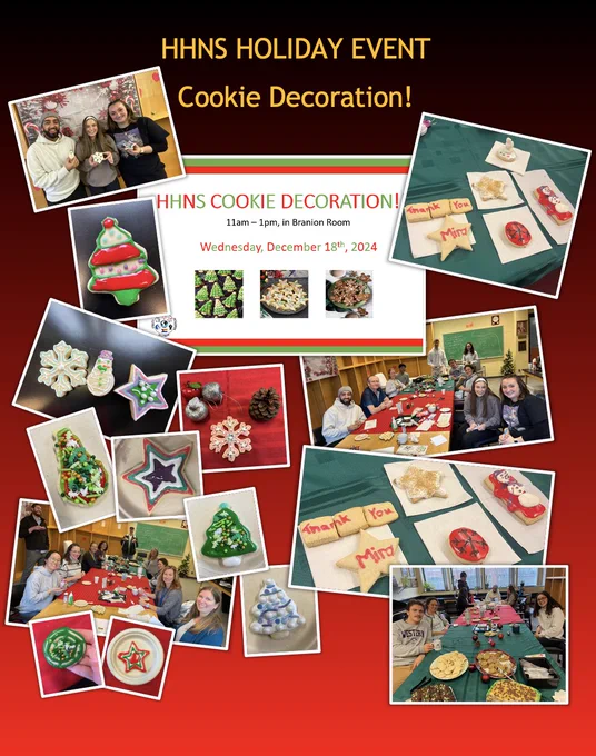 Images of the decorated cookies, students and staff decorating cookies, and the poster for the event.