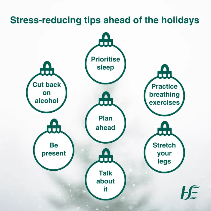 Stress reducing tips ahead of the holidays, each encased in baubles: Plan ahead
Talk about it
Practice breathing exercises
Prioritise sleep 
Stretch your legs 
Be present
Cut back on alcohol
