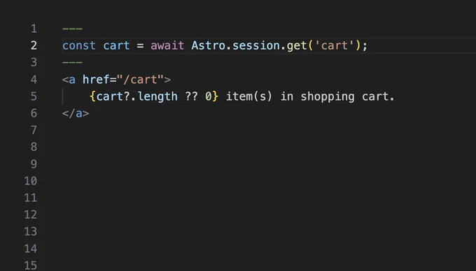 A code snippet of the new Astro Session API from Astro 5.1. In the code snippet there is a cart value being read from session and displayed in the template.