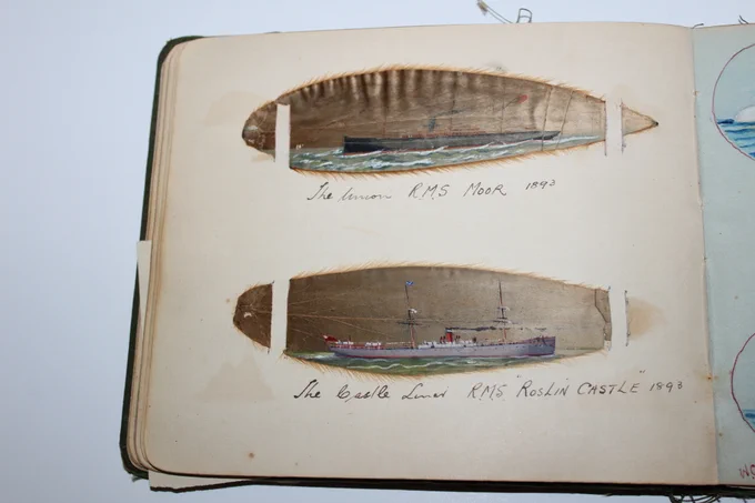2 leaves painted with ships in the 1890s. From a small album of watercolours and drawings of ships and also places and flowers of South Africa. 
