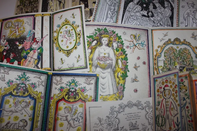 Group of 6 Christmas cards from artist Michael Dinkel in the 1970s