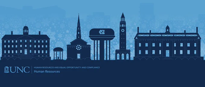 UNC Human Resources and Equal Opportunity and Compliance - stylized graphic of a skyline of iconic Chapel Hill buildings including the Old Well, Morehead-Patterson Bell Tower, water tower and hospital