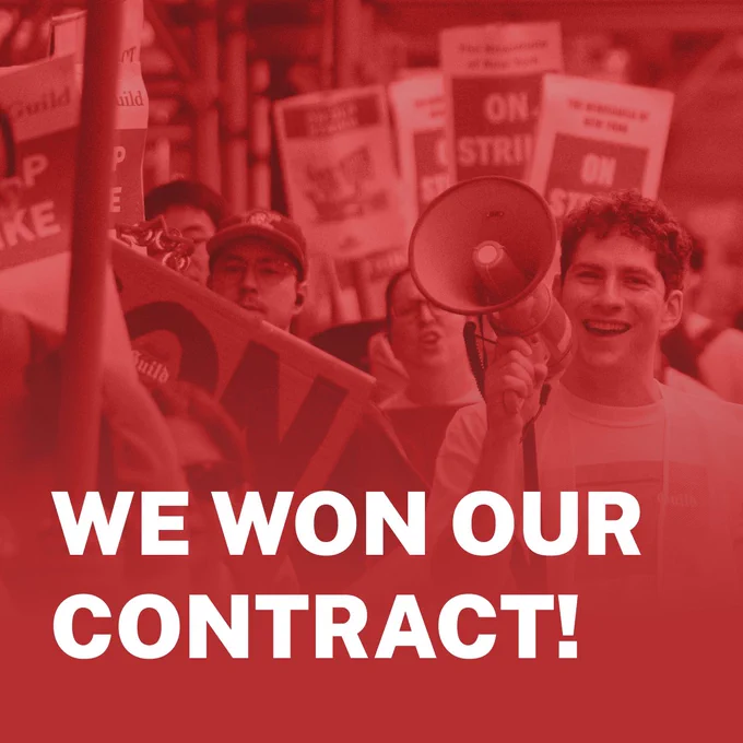 A stylized graphic with a narrowly cropped crowd shot of Times Tech Guild picketers outside The New York Times building in Midtown Manhattan. Multiple “On Strike” signs, noise-making rhythm instruments, and a person in a white shirt carrying a megaphone appear in the photo. A red overlay and bold, all-cap white text that reads “We won our contract!” are overlaid on top of the photo.
