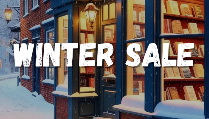 A digital illustration of a brick bookstore in the winter. White text reads, "Winter Sale."