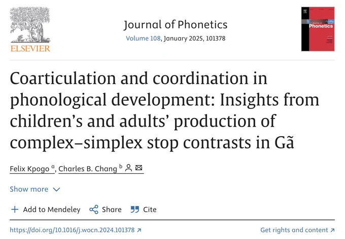 Header of the article "Coarticulation and coordination in phonological development: Insights from children’s and adults’ production of complex–simplex stop contrasts in Gã" published in the Journal of Phonetics