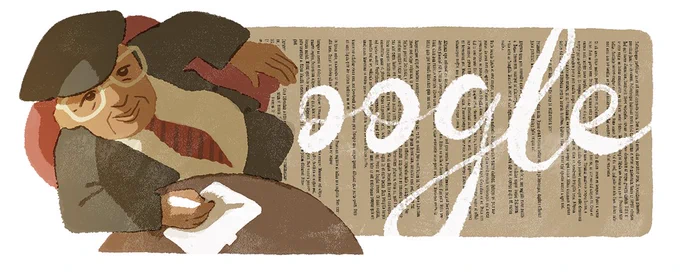 Ilustración de Gonzalo Rojas en un Google Doodle, con un fondo de manuscritos, celebrando su natalicio y su obra poética