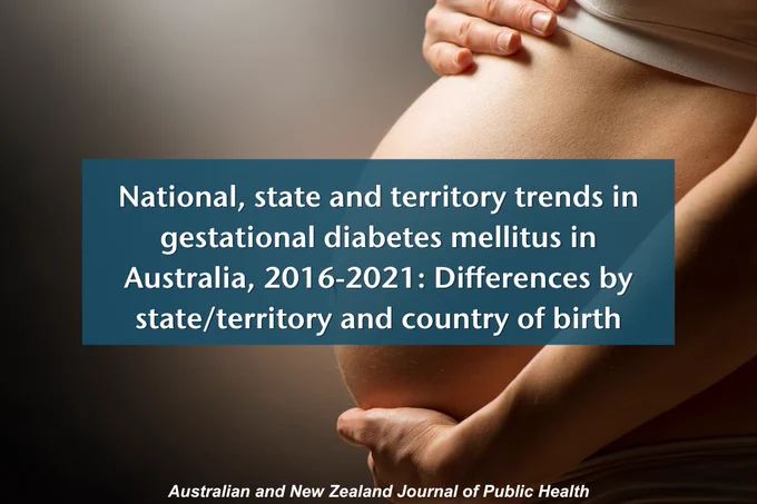 Image of a pregnant belly being held by two hands, text reads "National, state and territory trends in gestational diabetes mellitus in Australia, 2016-2021: Differences by state/territory and country of birth" "Australian and New Zealand Journal of Public Health"
