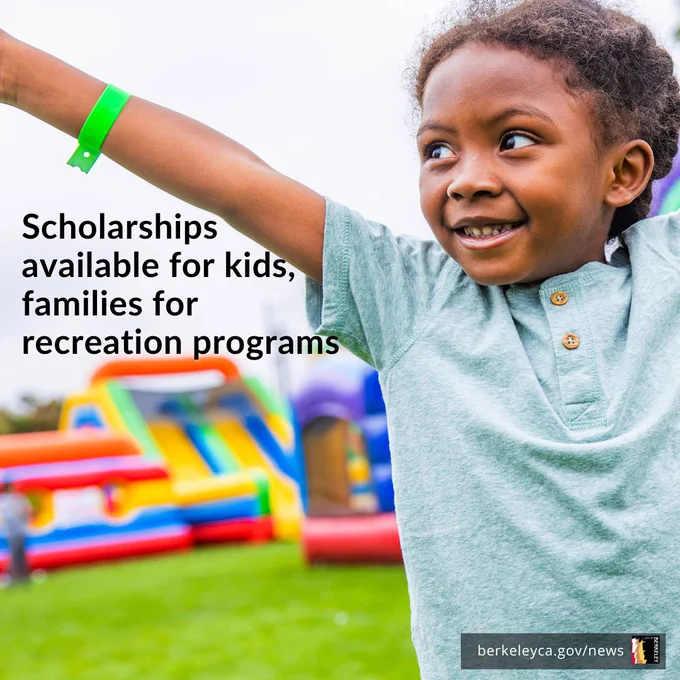 Child jumps for joy in front of color outdoor bounce house. Text reads: "Scholarships available for kids, families for recreation programs."