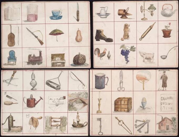4 cards containing hand drawn illustration for Picture Loto, drawn by Florence Johnson and Florence Bell.