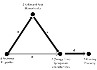 Figure 1 — Directed acyclic graph showing the total causal effect of
changing footwear properties on running economy for a given runner and a given set of environmental conditions (ie, same surface, gradient, ambient temperature, and time of day). The total effect is measured in laboratory studies. However, the total effect is the sum of 2 distinct pathways. Pathway “a” represents the direct effect of changing footwear properties on the change in energy cost resulting from the change in spring-mass characteristics. The change in energy cost resulting from changes in spring-mass characteristics are proportional and directly related to changes in running economy (pathway “d”). The mediated effect (via changes in ankle and foot biomechanics) is pathways b   c. The mediated effect comprises a direct effect of changing footwear properties on the changes in ankle and foot biomechanics (pathway “b”) and a direct effect of the changes in ankle and foot biomechanics on the changes in energy ...