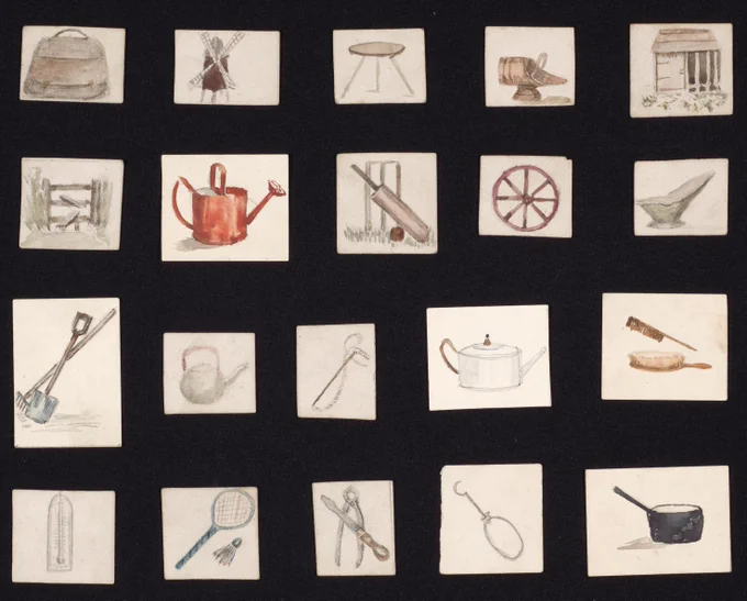 Selection of hand drawn cards for 'Picture Loto' drawn by Florence Johnson and Florence Bell.