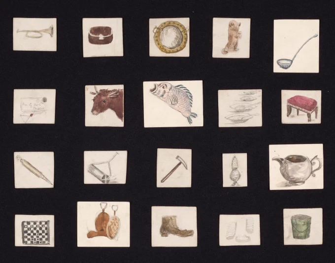 Selection of hand drawn cards for 'Picture Loto' drawn by Florence Johnson and Florence Bell.
