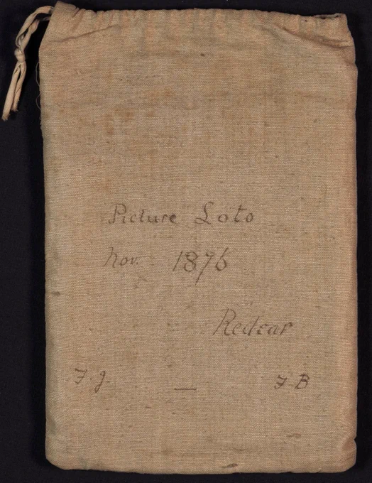 Bag containing a card game. The bag has Picture Loto Nov. 1876, Redcar. FJ and FB.