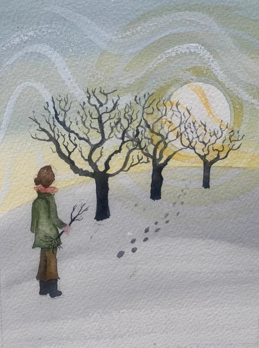 Illustration of a person holding a small tree on snow, with footsteps into the distance and three trees silhouetted against a low winter sun