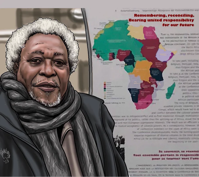 A photo collage: An older man drawn in front of an information board which reads: “Remembering, reconciling, bearing united responsibility for our future“